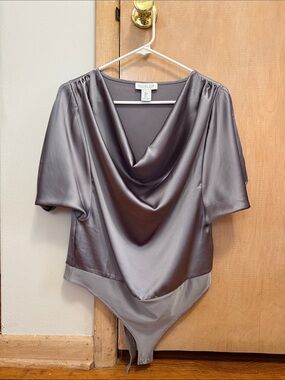Rachel Zoe Gray Satin Cowl Neck Bodysuit